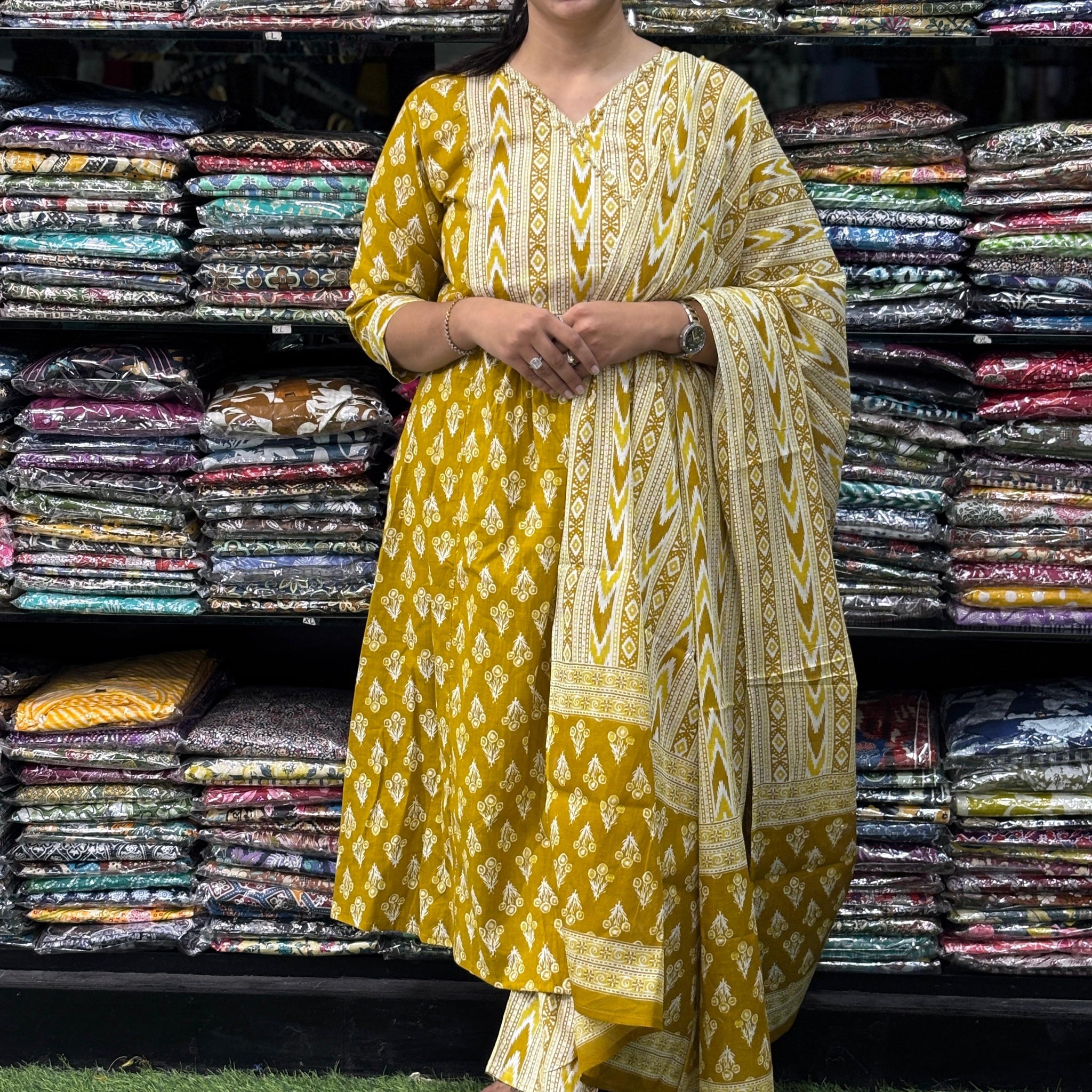 PURE COTTON HANDWORK ALINE KURTI PANT WITH DUPATTA