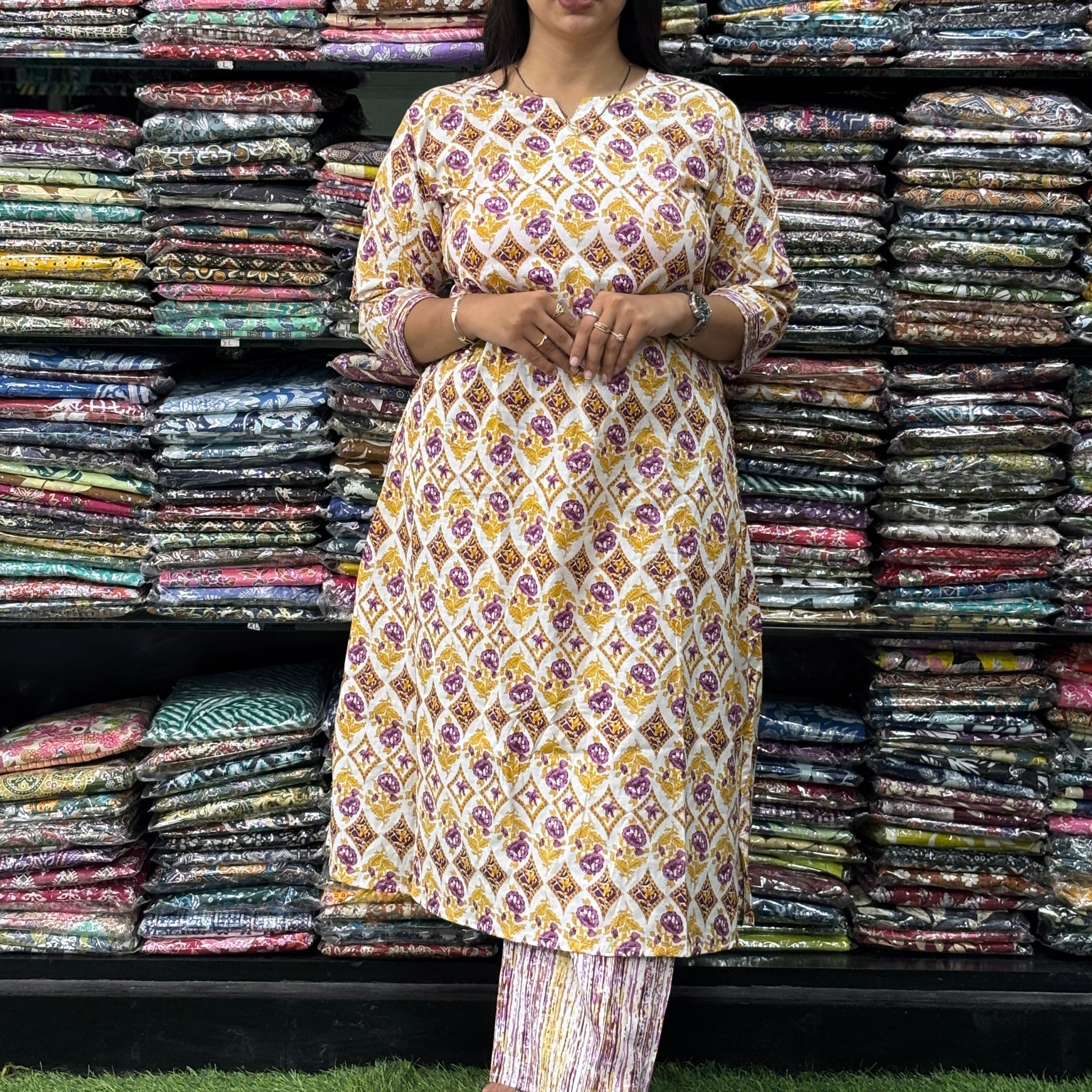 ALINE KURTI-PLAZO (PURE COTTON,ROUND NECK)