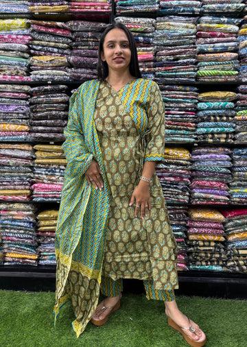 PURE COTTON ALINE KURTI PANT WITH DUPATTA