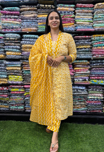 PURE COTTON  ALINE KURTI PANT & DUPATTA