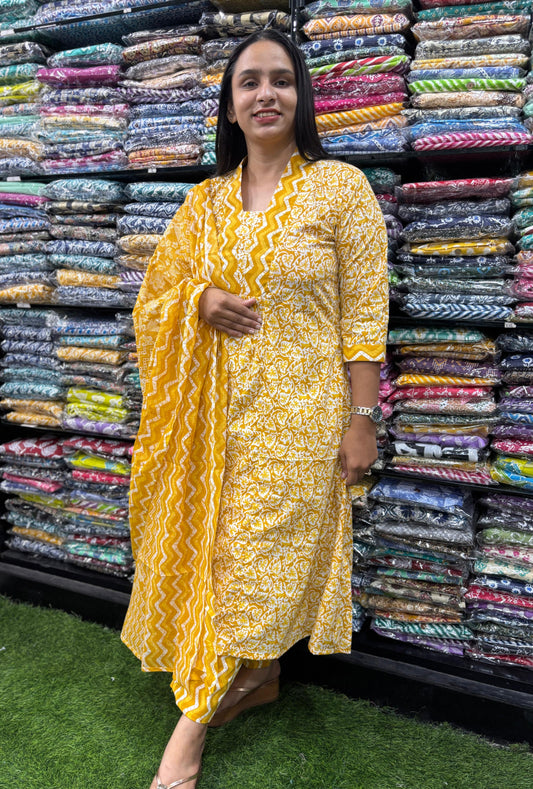 PURE COTTON  ALINE KURTI PANT & DUPATTA