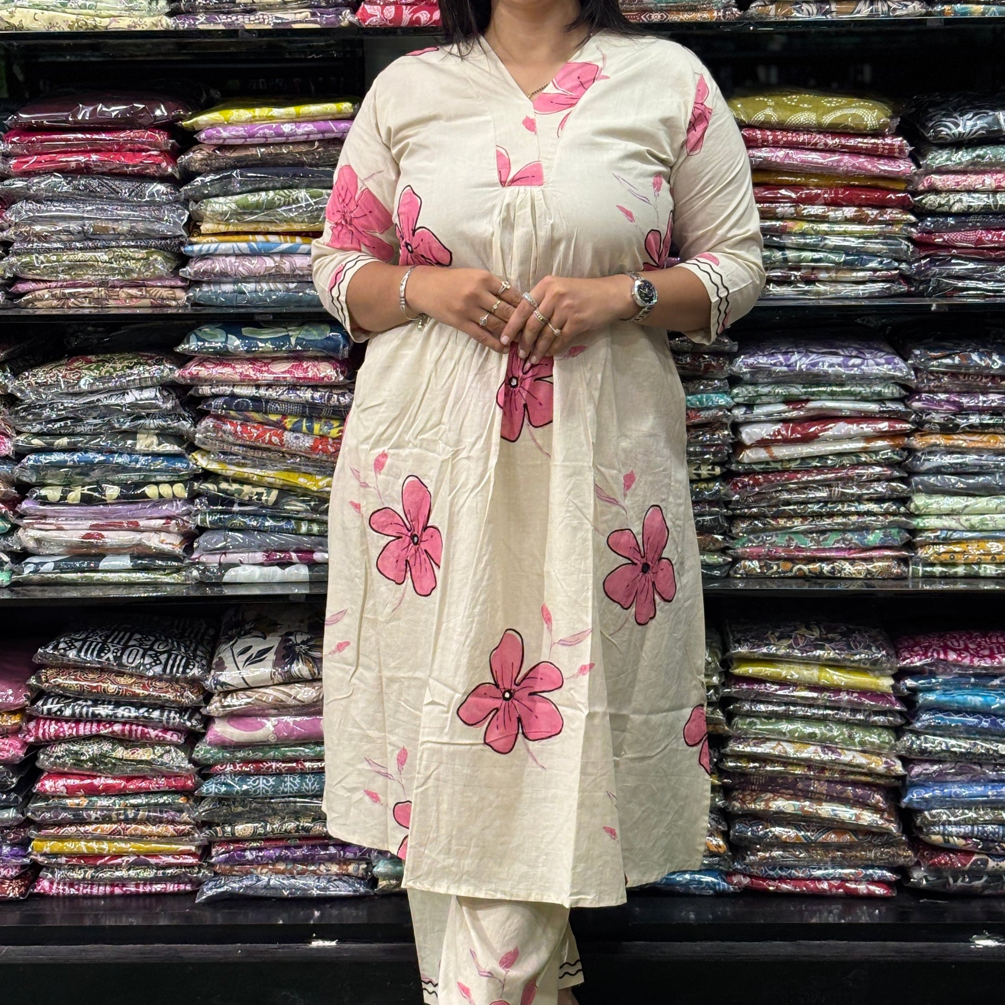 ALINE KURTI-PLAZO (PURE CAMRIC COTTON,V-NECK WORK,HALF INNER)