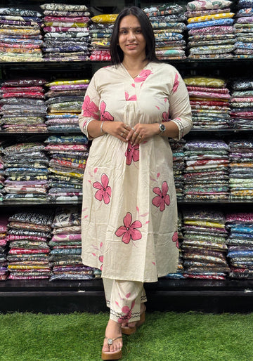 ALINE KURTI-PLAZO (PURE CAMRIC COTTON,V-NECK WORK,HALF INNER)