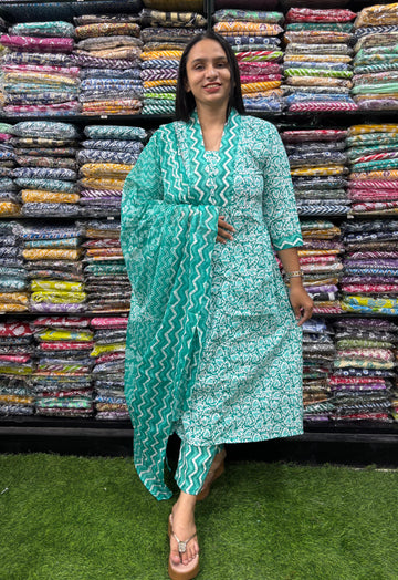 PURE COTTON  ALINE KURTI PANT & DUPATTA