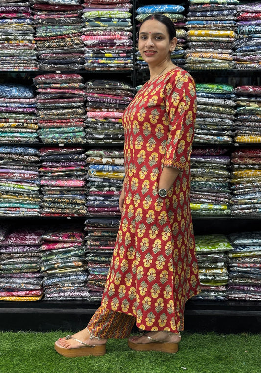 ALINE KURTI-PLAZO (PURE COTTON,ROUND NECK)