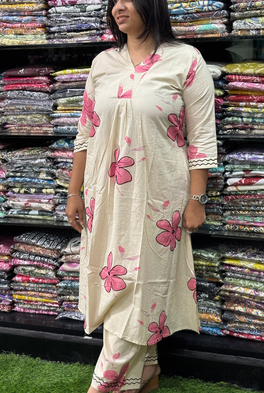 ALINE KURTI-PLAZO (PURE CAMRIC COTTON,V-NECK WORK,HALF INNER)