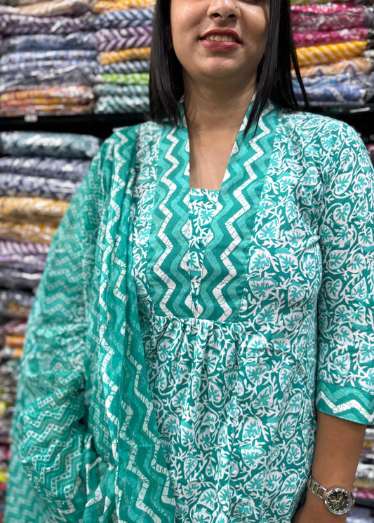 PURE COTTON  ALINE KURTI PANT & DUPATTA