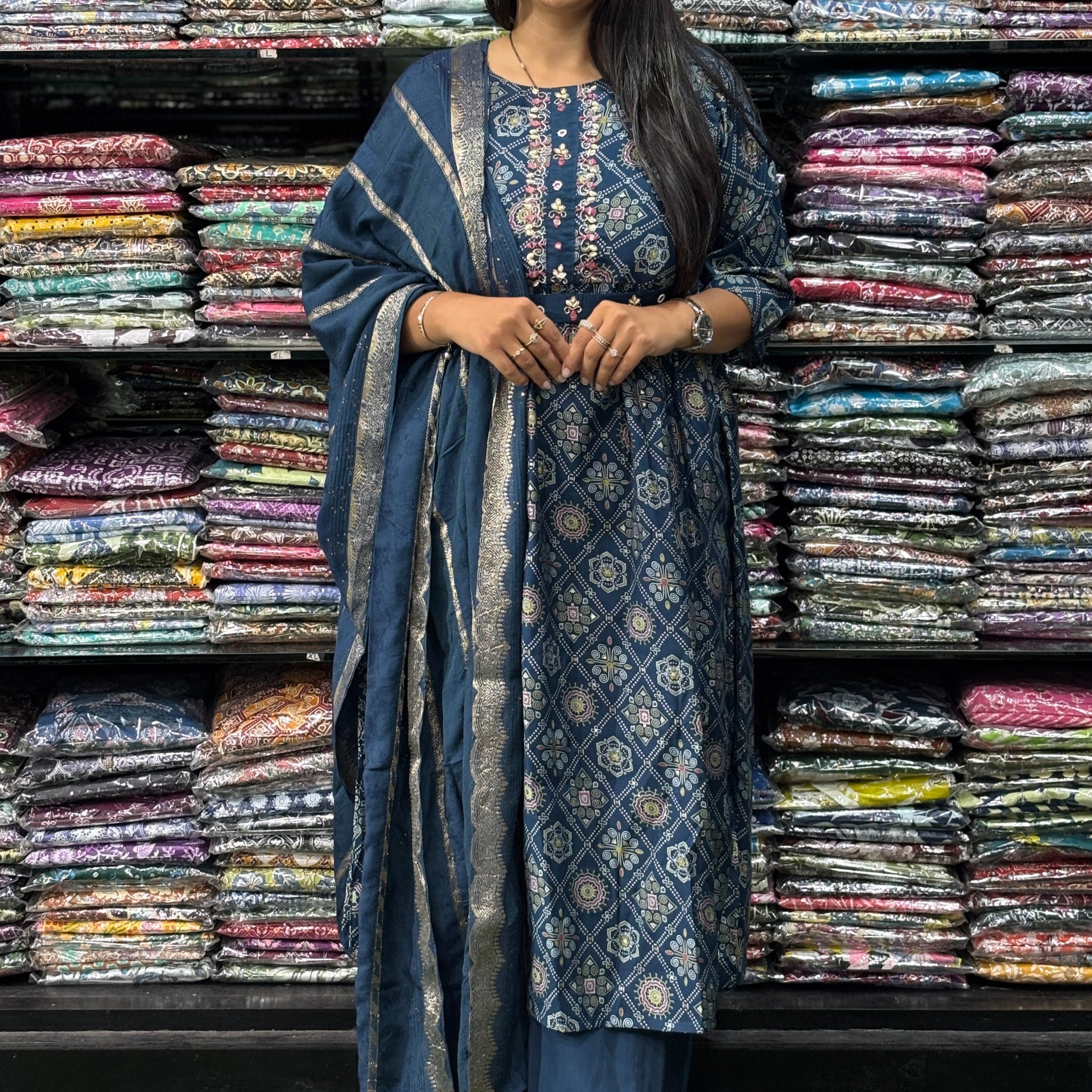 HANDWORK KURTI-PLAZO WITH DUPATTO (ROMAN SILK)