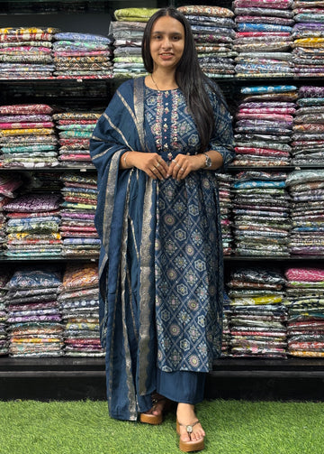 HANDWORK KURTI-PLAZO WITH DUPATTO (ROMAN SILK)