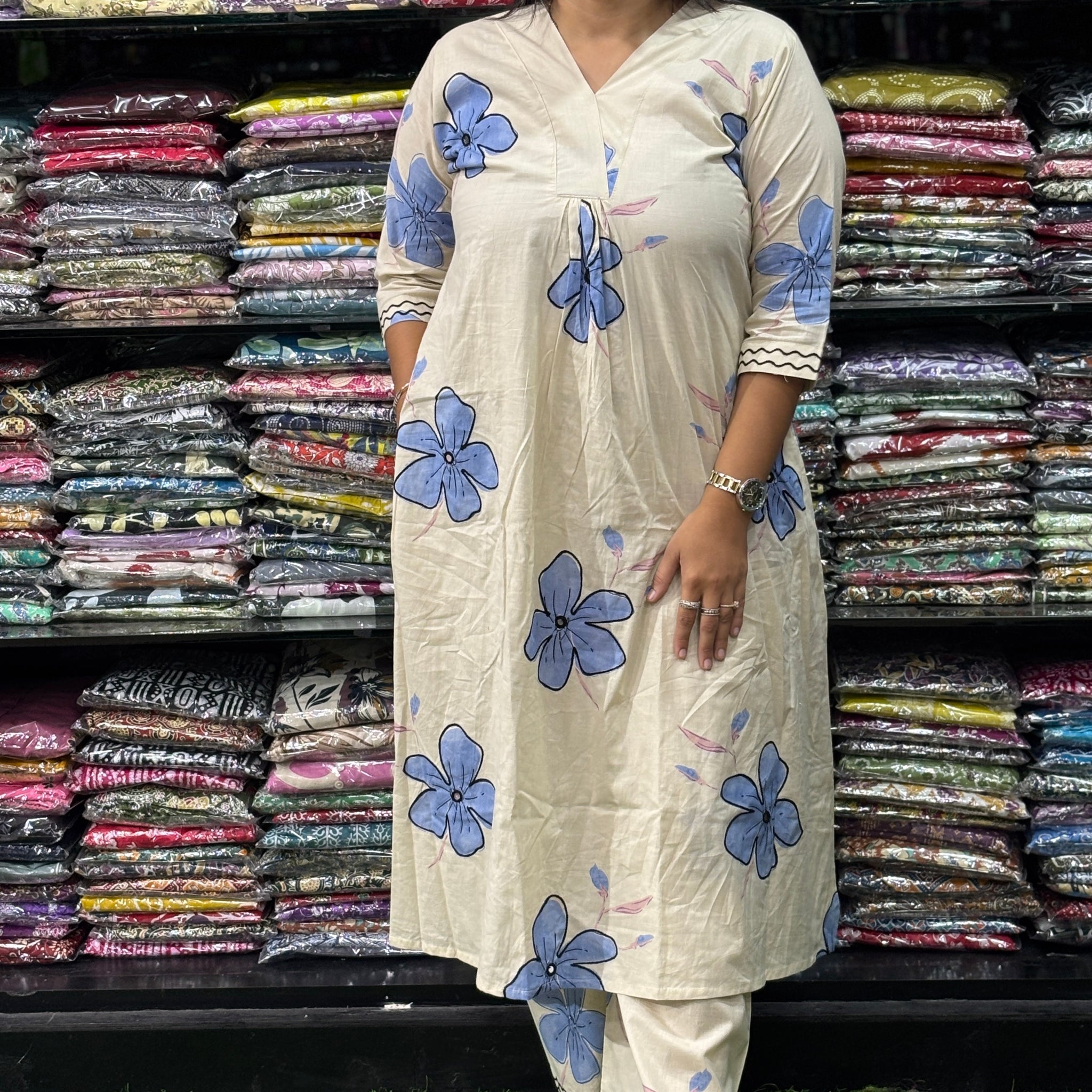 ALINE KURTI-PLAZO (PURE CAMRIC COTTON,V-NECK WORK,HALF INNER)