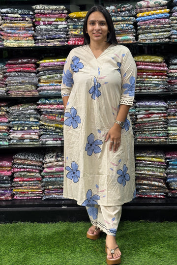 ALINE KURTI-PLAZO (PURE CAMRIC COTTON,V-NECK WORK,HALF INNER)