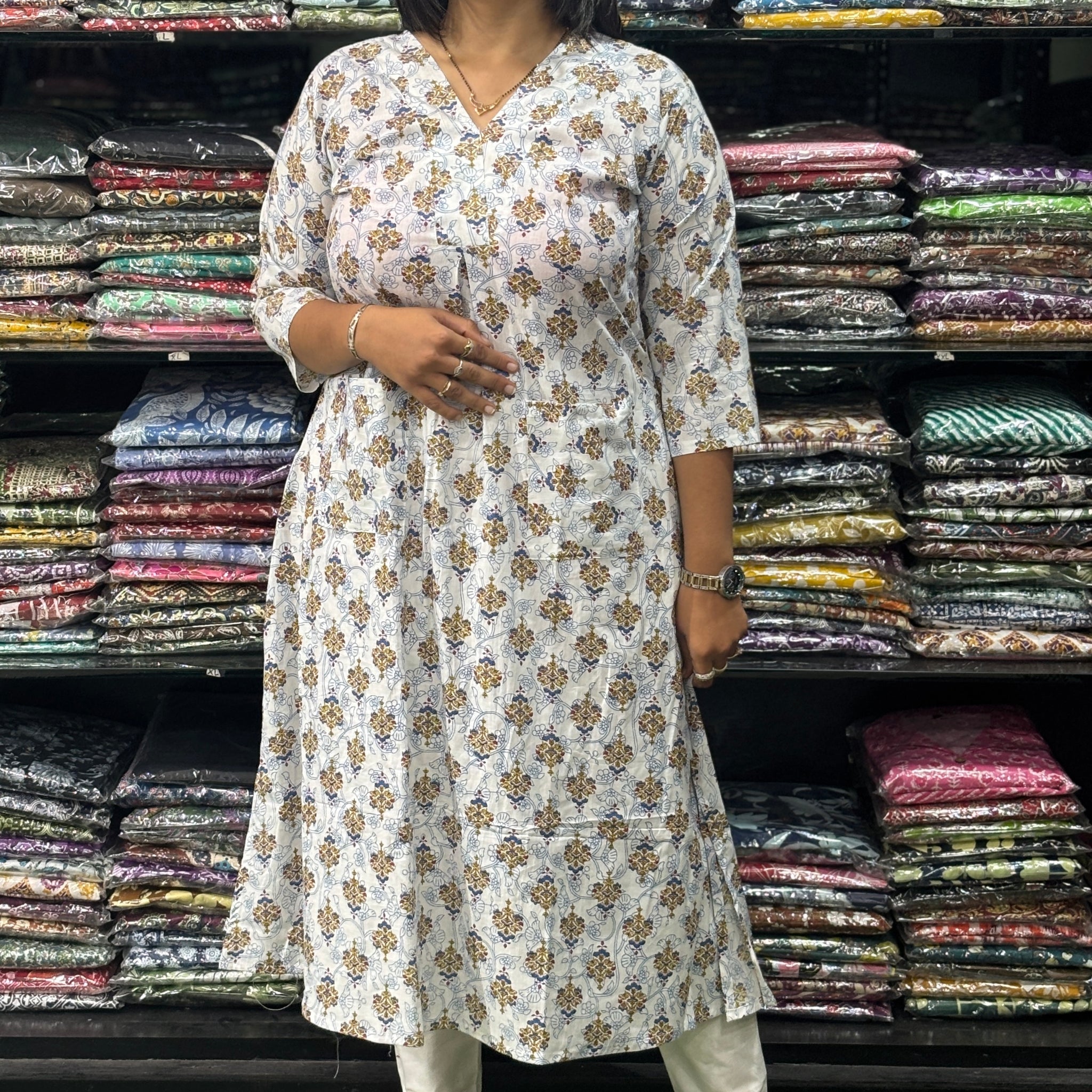 ALINE KURTI (PURE COTTON,V-NECK)