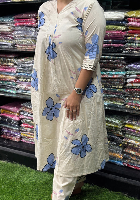 ALINE KURTI-PLAZO (PURE CAMRIC COTTON,V-NECK WORK,HALF INNER)