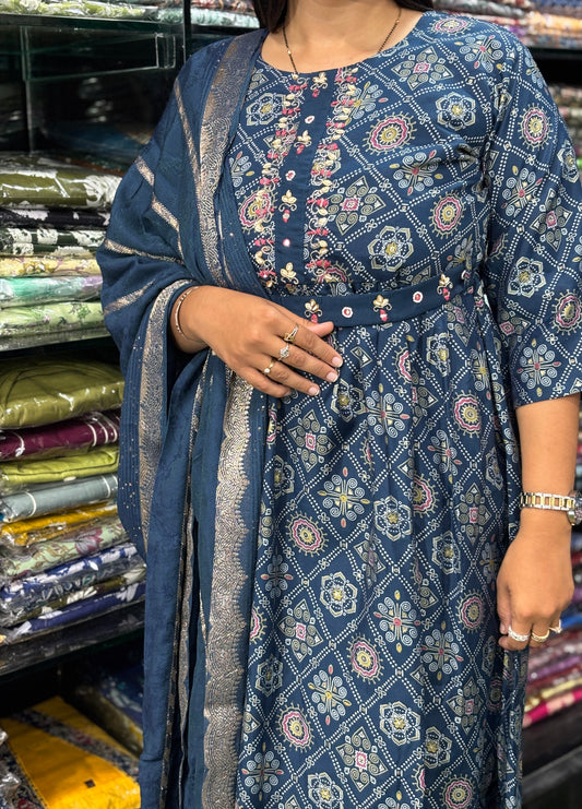 HANDWORK KURTI-PLAZO WITH DUPATTO (ROMAN SILK)