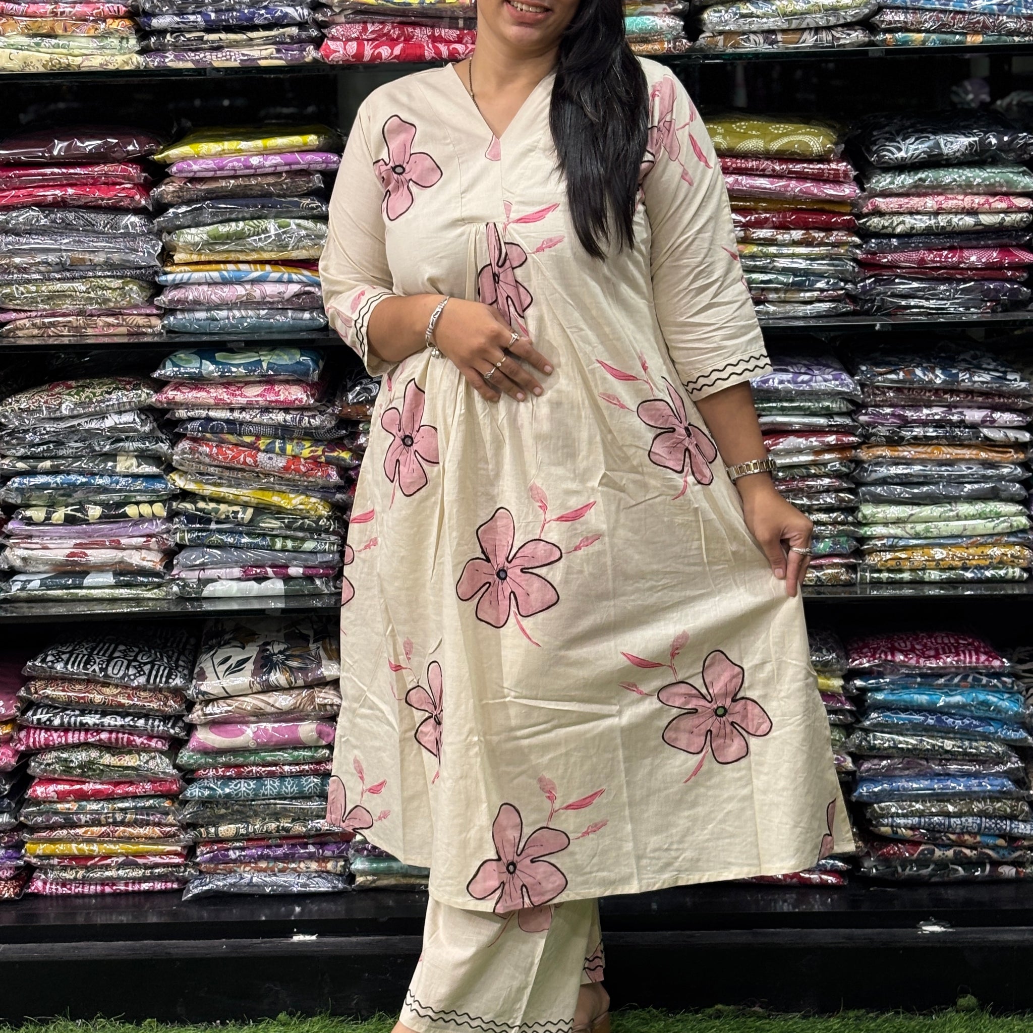 ALINE KURTI-PLAZO (PURE CAMRIC COTTON,V-NECK WORK,HALF INNER)