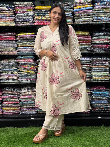 ALINE KURTI-PLAZO (PURE CAMRIC COTTON,V-NECK WORK,HALF INNER)