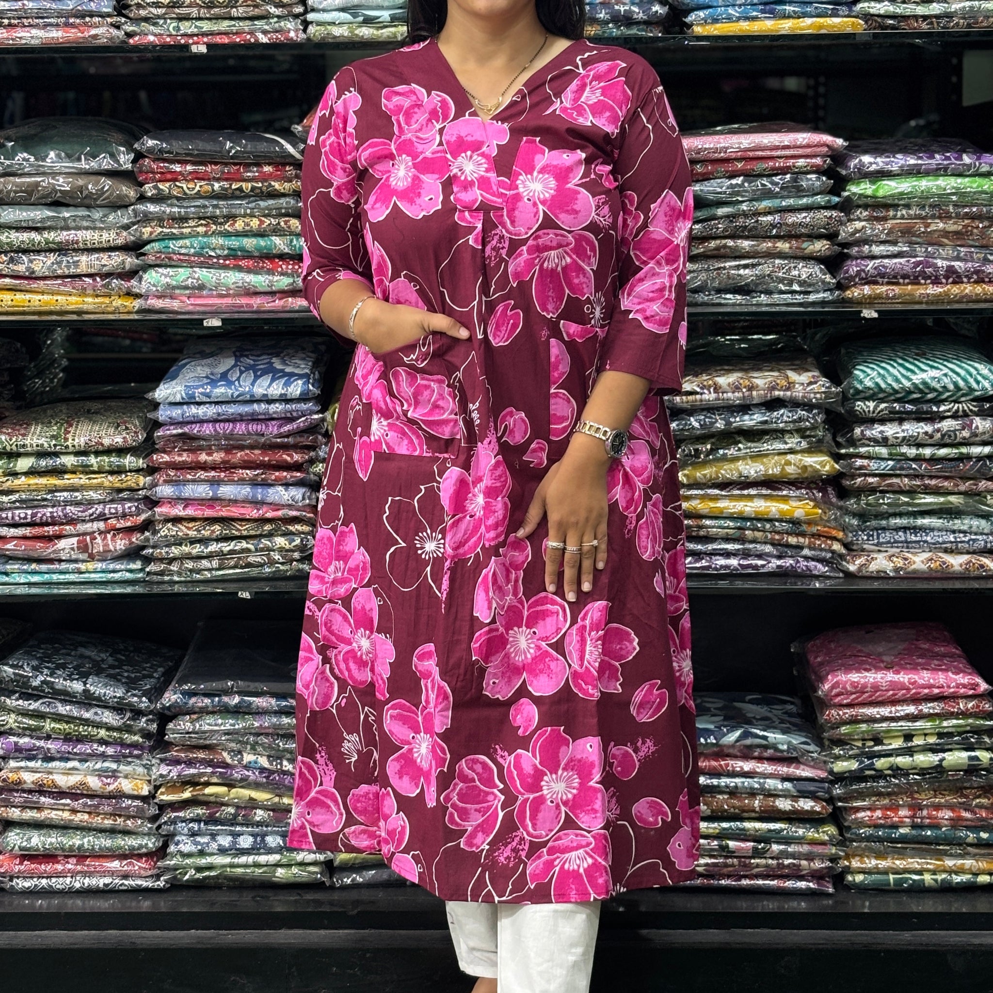 ALINE KURTI (PURE COTTON,V-NECK)