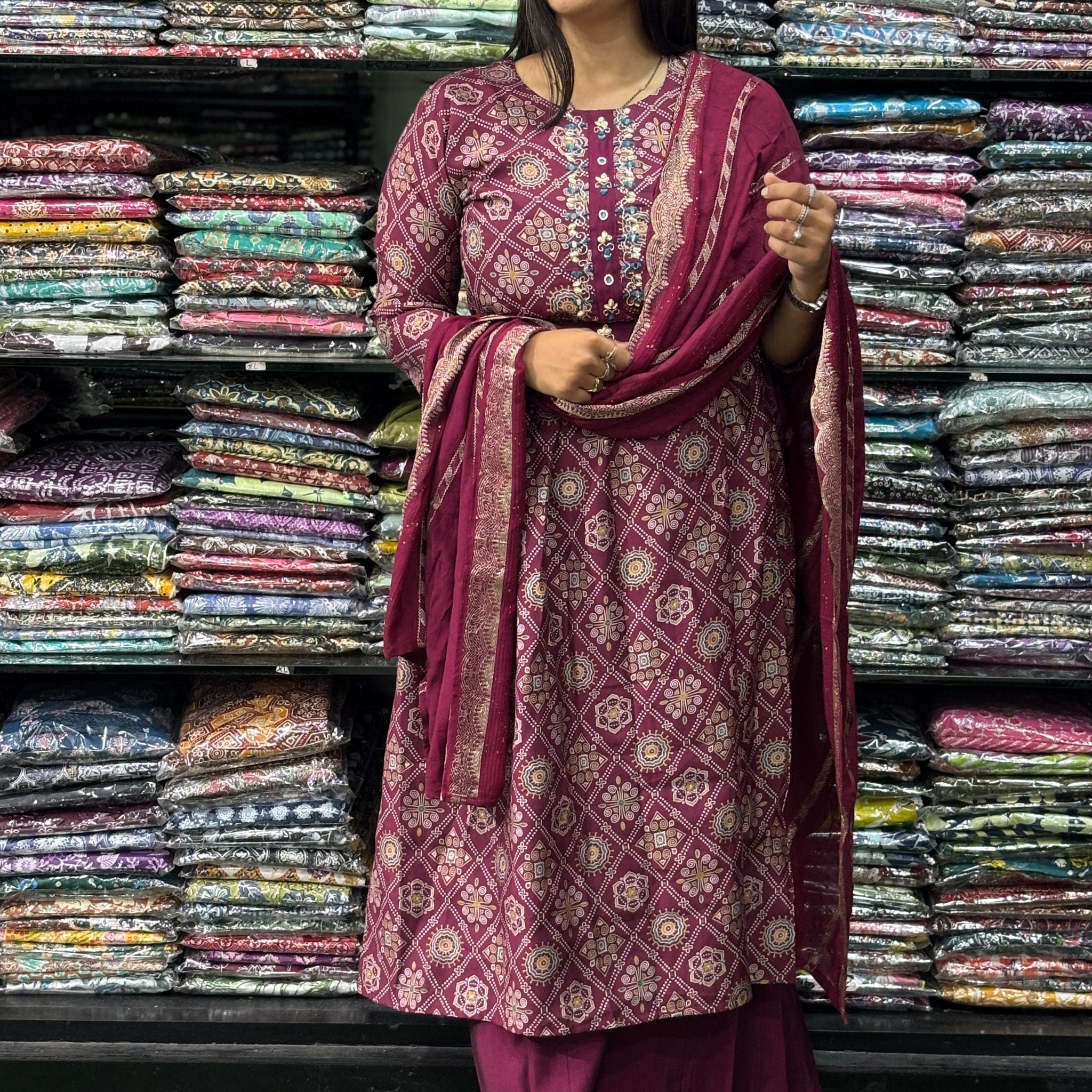 HANDWORK KURTI-PLAZO WITH DUPATTO (ROMAN SILK)