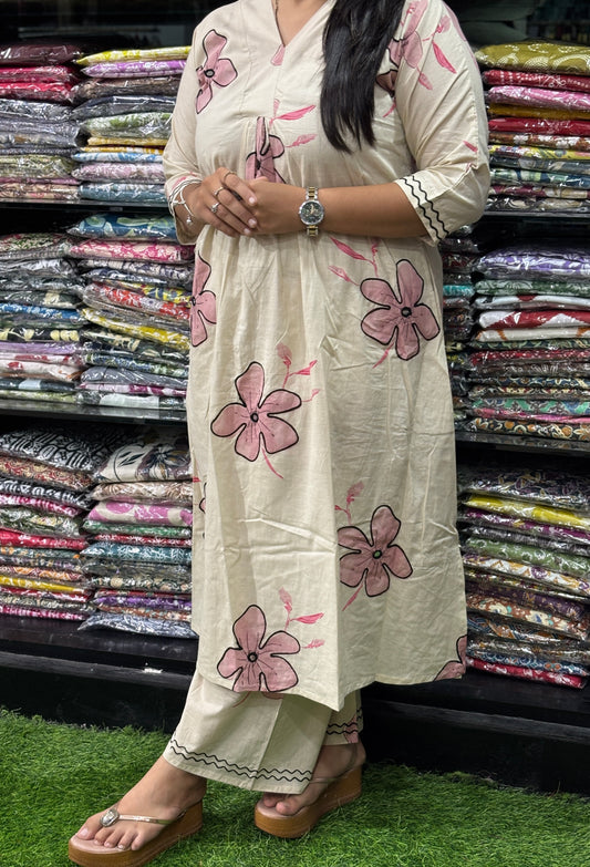 ALINE KURTI-PLAZO (PURE CAMRIC COTTON,V-NECK WORK,HALF INNER)