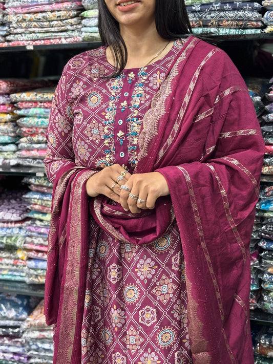 HANDWORK KURTI-PLAZO WITH DUPATTO (ROMAN SILK)