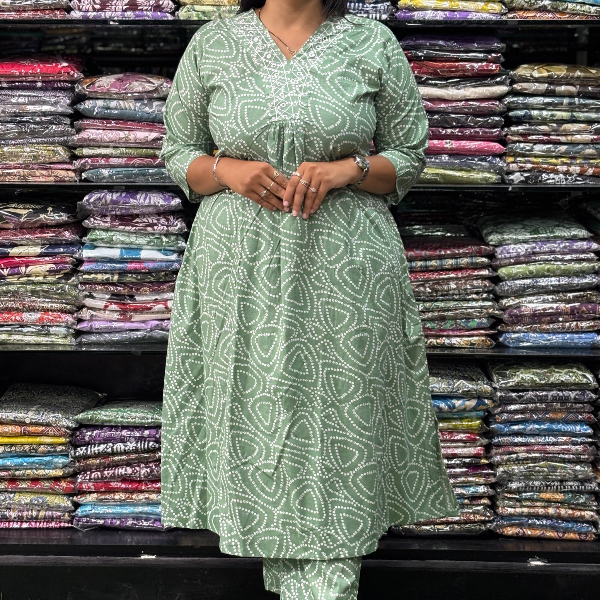 ALINE KURTI-PANT (PURE CAMRIC COTTON,V-NECK WORK)