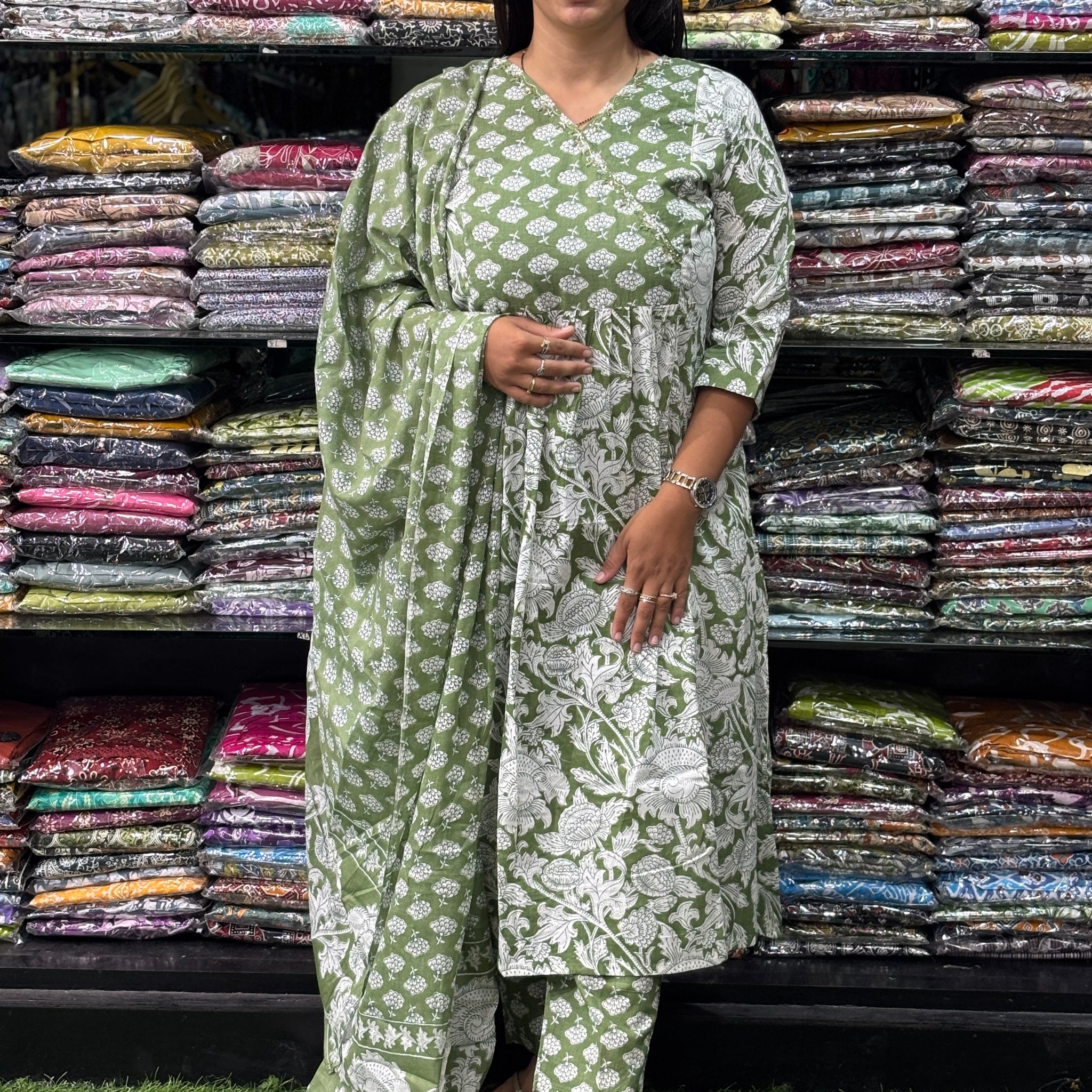 ROUND KURTI PANT-DUPATTA (PURE CAMRIC COTTON,HANDWORK)