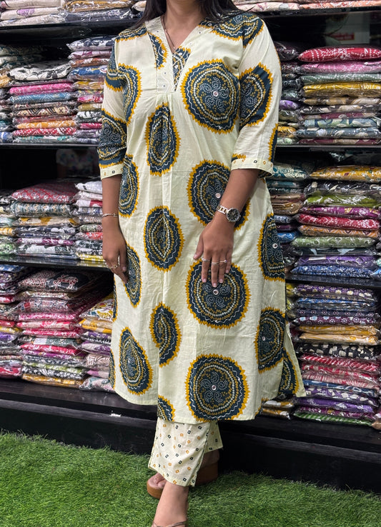 ALINE KURTI WITH PLAZO (PURE CAMRIC COTTON,WORK,WITH LINING)