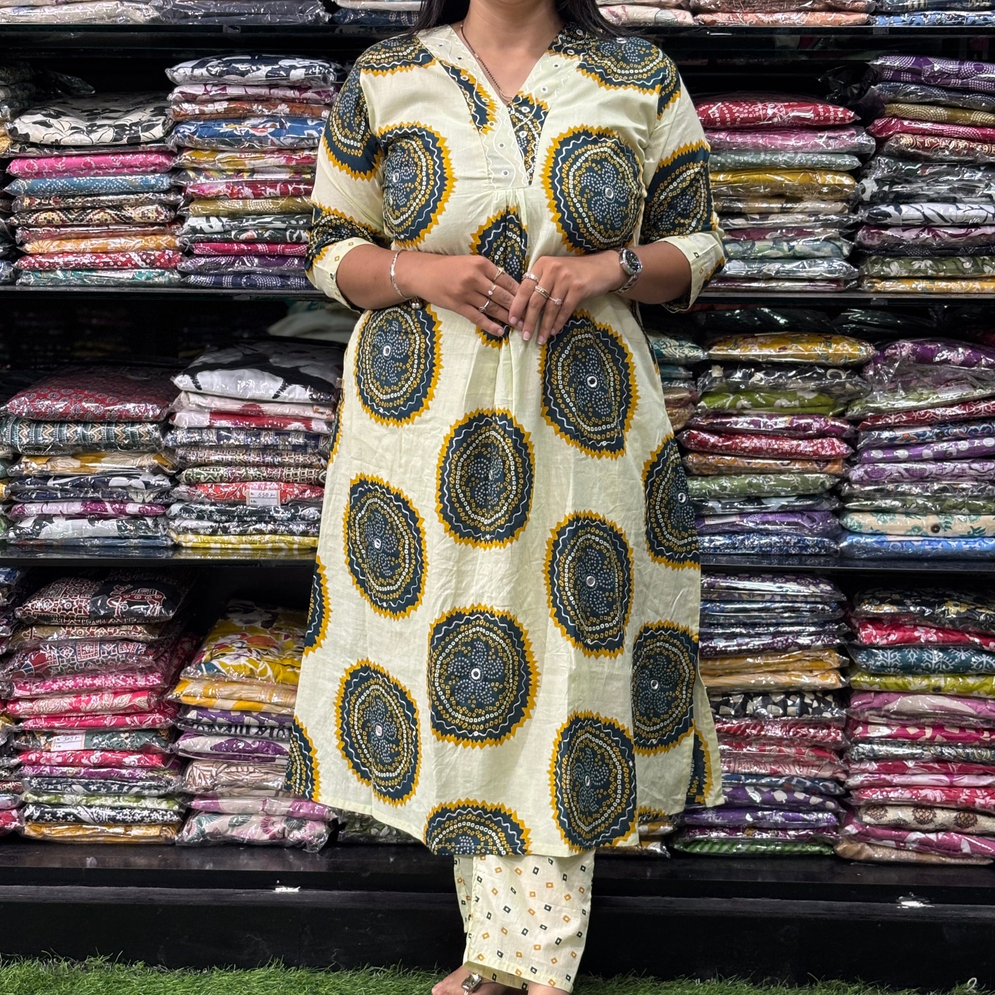 ALINE KURTI WITH PLAZO (PURE CAMRIC COTTON,WORK,WITH LINING)