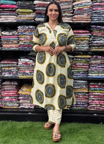 ALINE KURTI WITH PLAZO (PURE CAMRIC COTTON,WORK,WITH LINING)