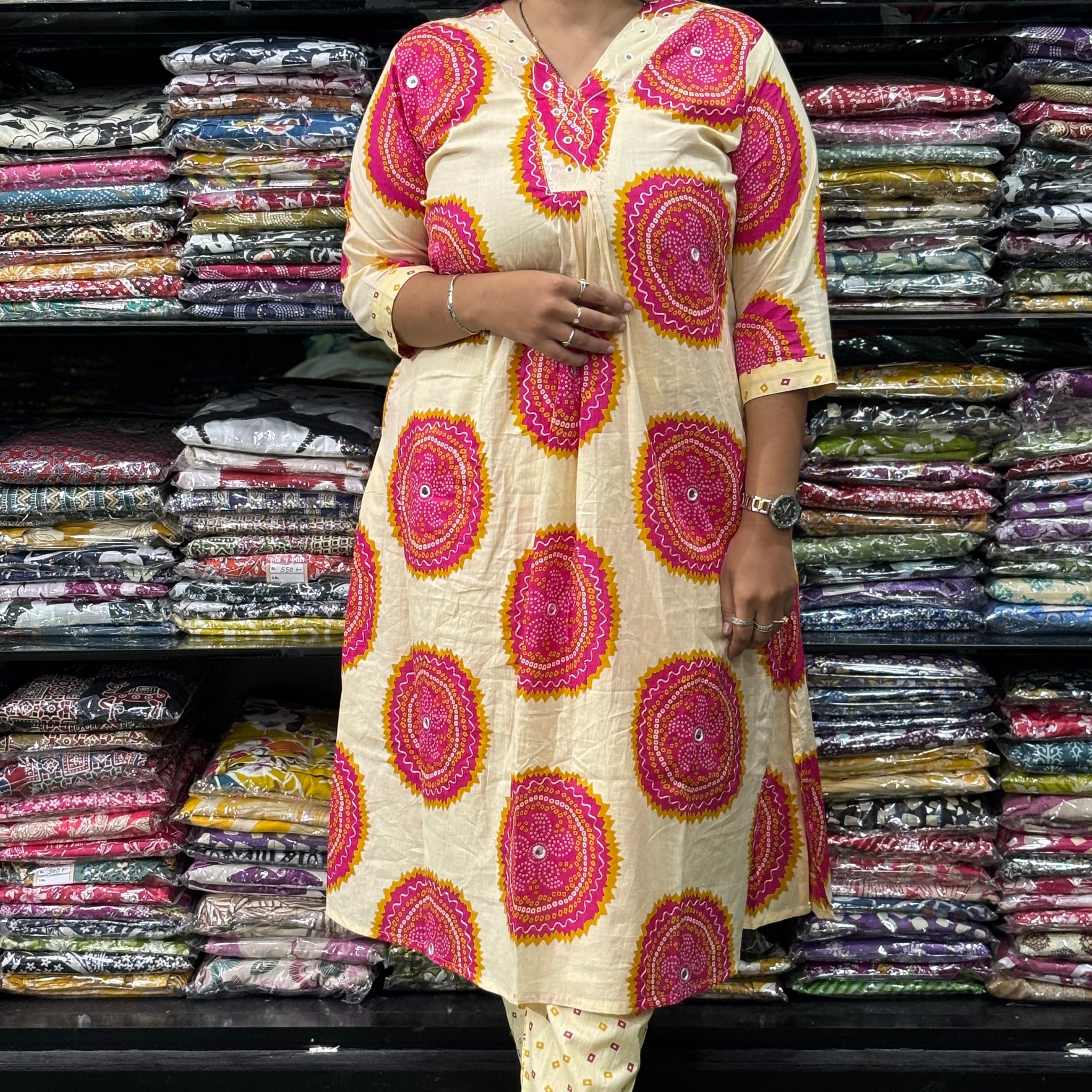 ALINE KURTI WITH PLAZO (PURE CAMRIC COTTON,WORK,WITH LINING)