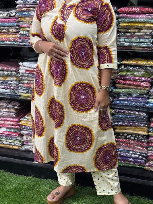 ALINE KURTI WITH PLAZO (PURE CAMRIC COTTON,WORK,WITH LINING)