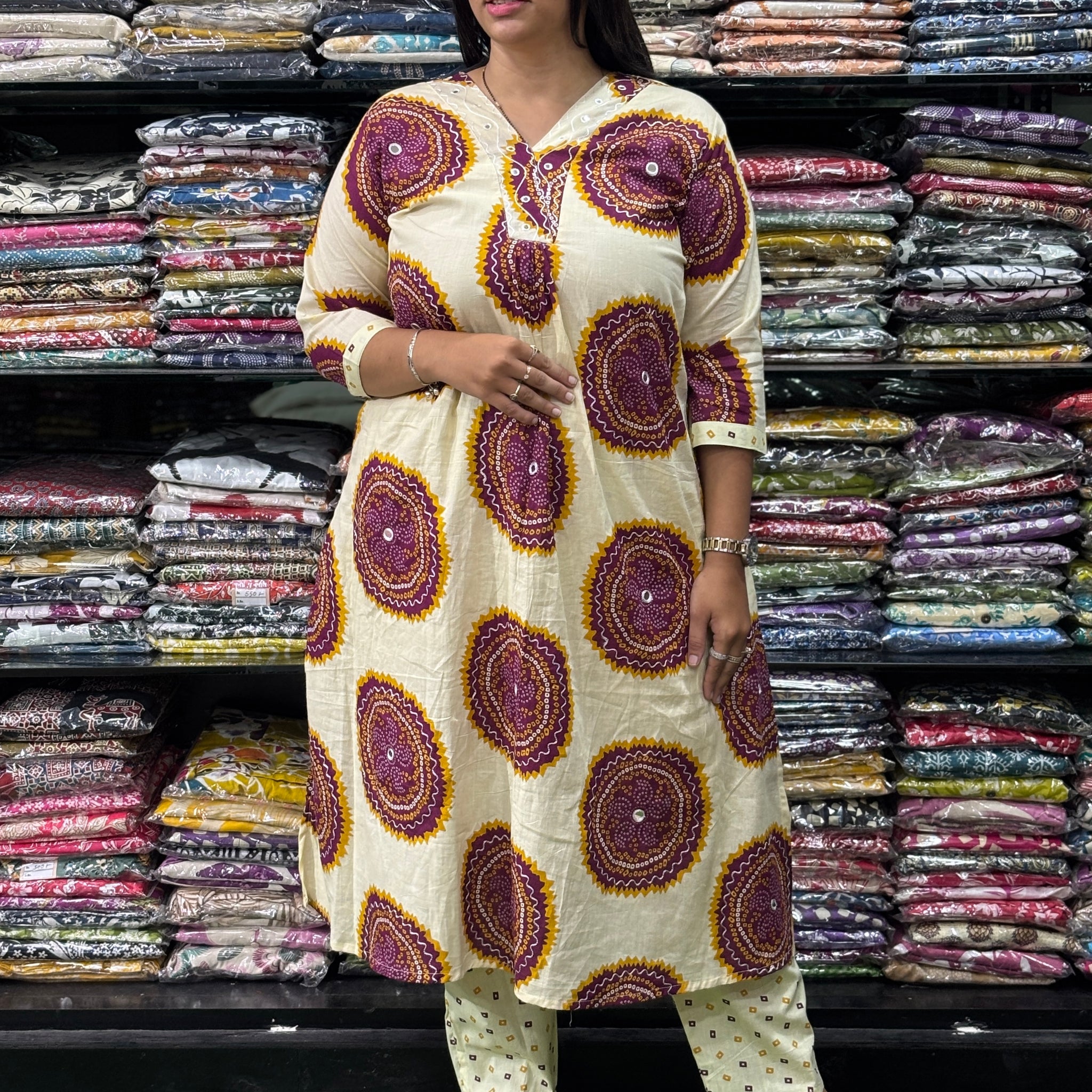 ALINE KURTI WITH PLAZO (PURE CAMRIC COTTON,WORK,WITH LINING)