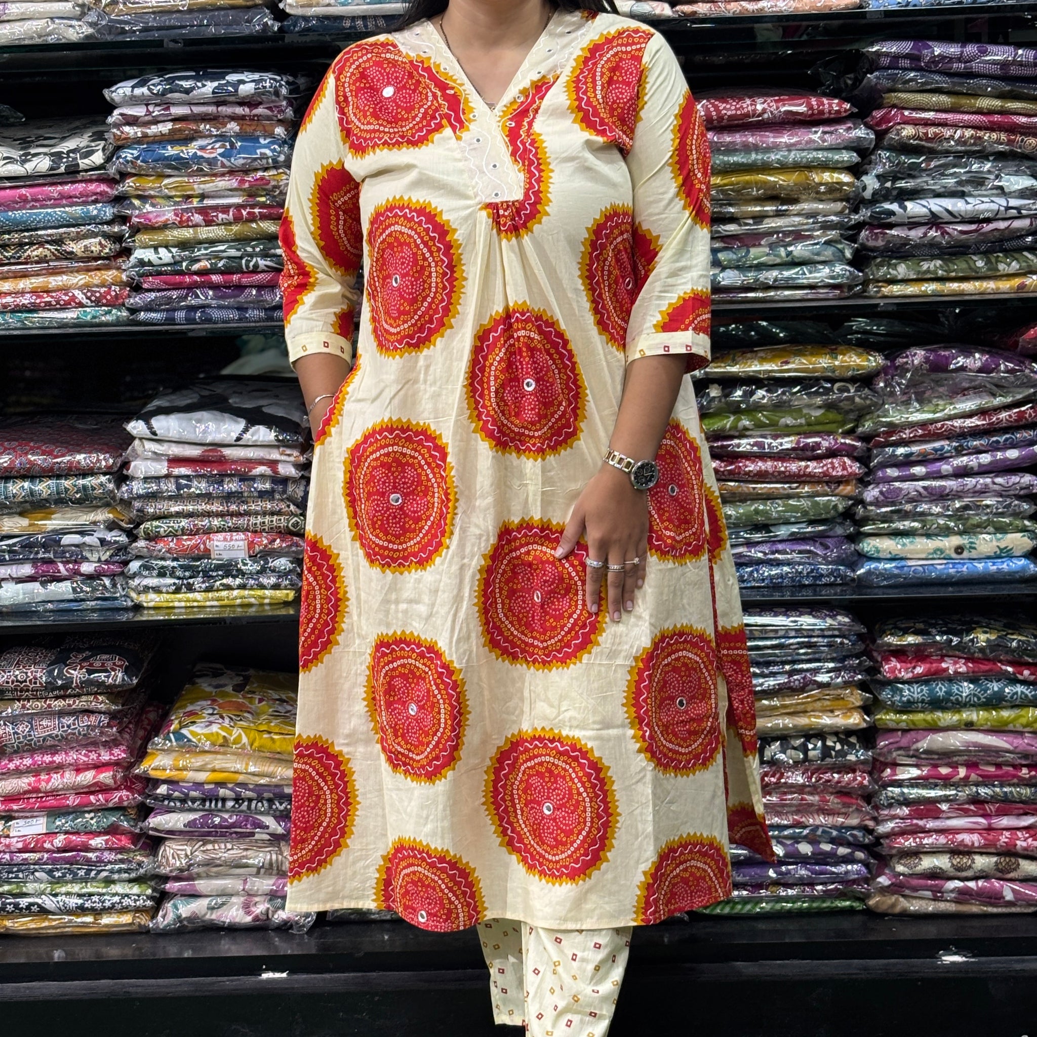 ALINE KURTI WITH PLAZO (PURE CAMRIC COTTON,WORK,WITH LINING)