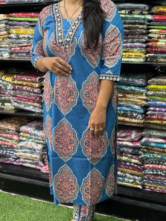 STRAIGHT  KURTI  WITH PANT (PURE CAMRIC COTTON / HAND WORK)