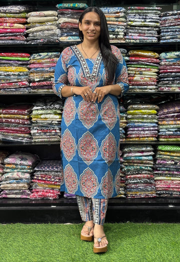 STRAIGHT  KURTI  WITH PANT (PURE CAMRIC COTTON / HAND WORK)