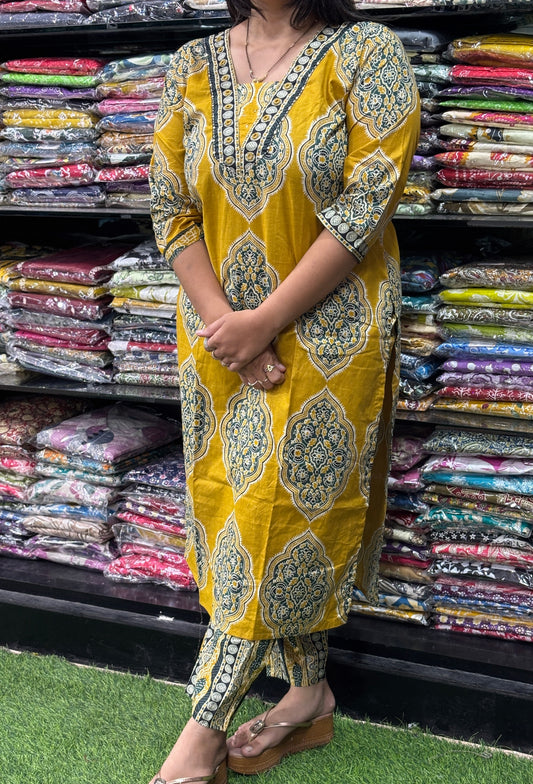 STRAIGHT  KURTI  WITH PANT (PURE CAMRIC COTTON / HAND WORK)