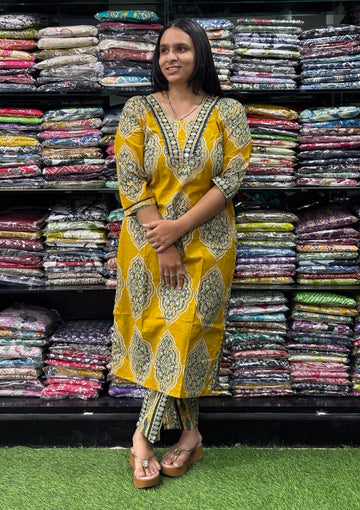 STRAIGHT  KURTI  WITH PANT (PURE CAMRIC COTTON / HAND WORK)