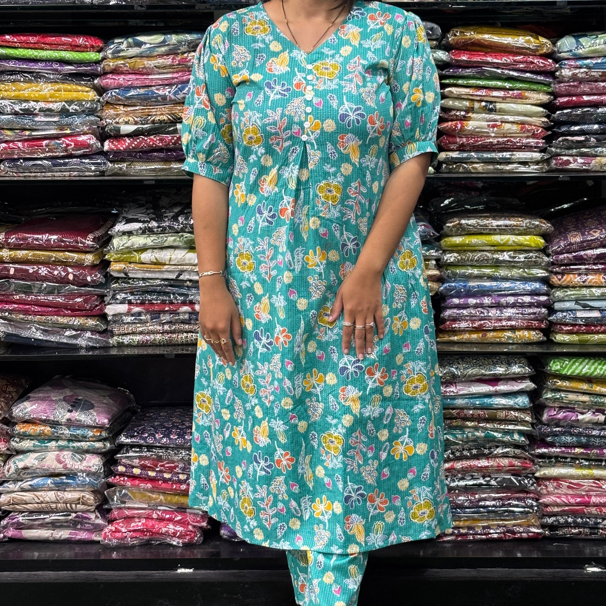 ALINE  KURTI  WITH PANT (KATHA CAMRIC COTTON)