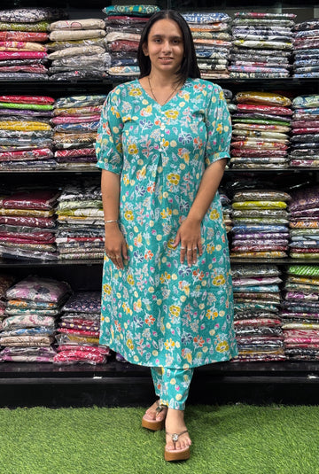 ALINE  KURTI  WITH PANT (KATHA CAMRIC COTTON)