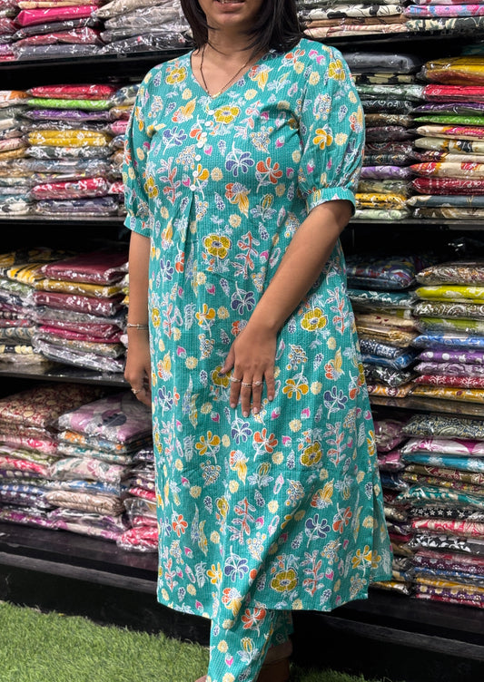 ALINE  KURTI  WITH PANT (KATHA CAMRIC COTTON)