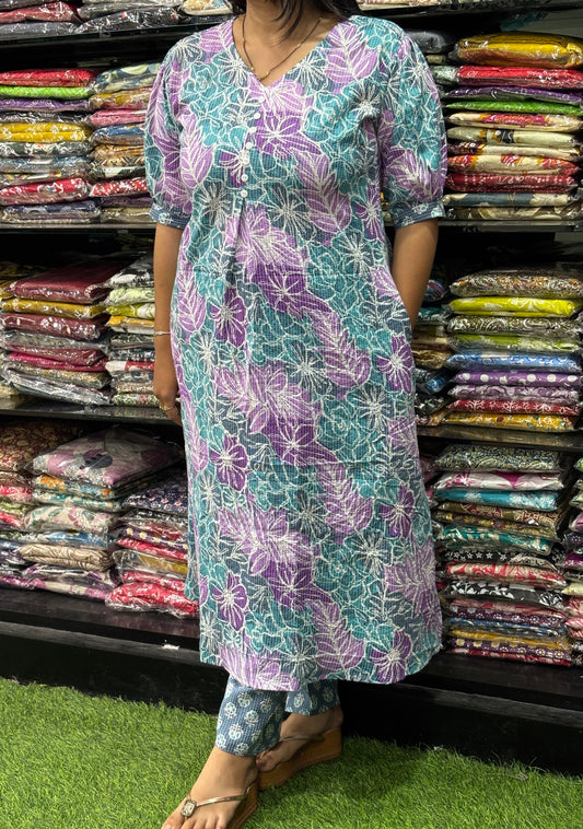 ALINE  KURTI  WITH PANT (KATHA CAMRIC COTTON)