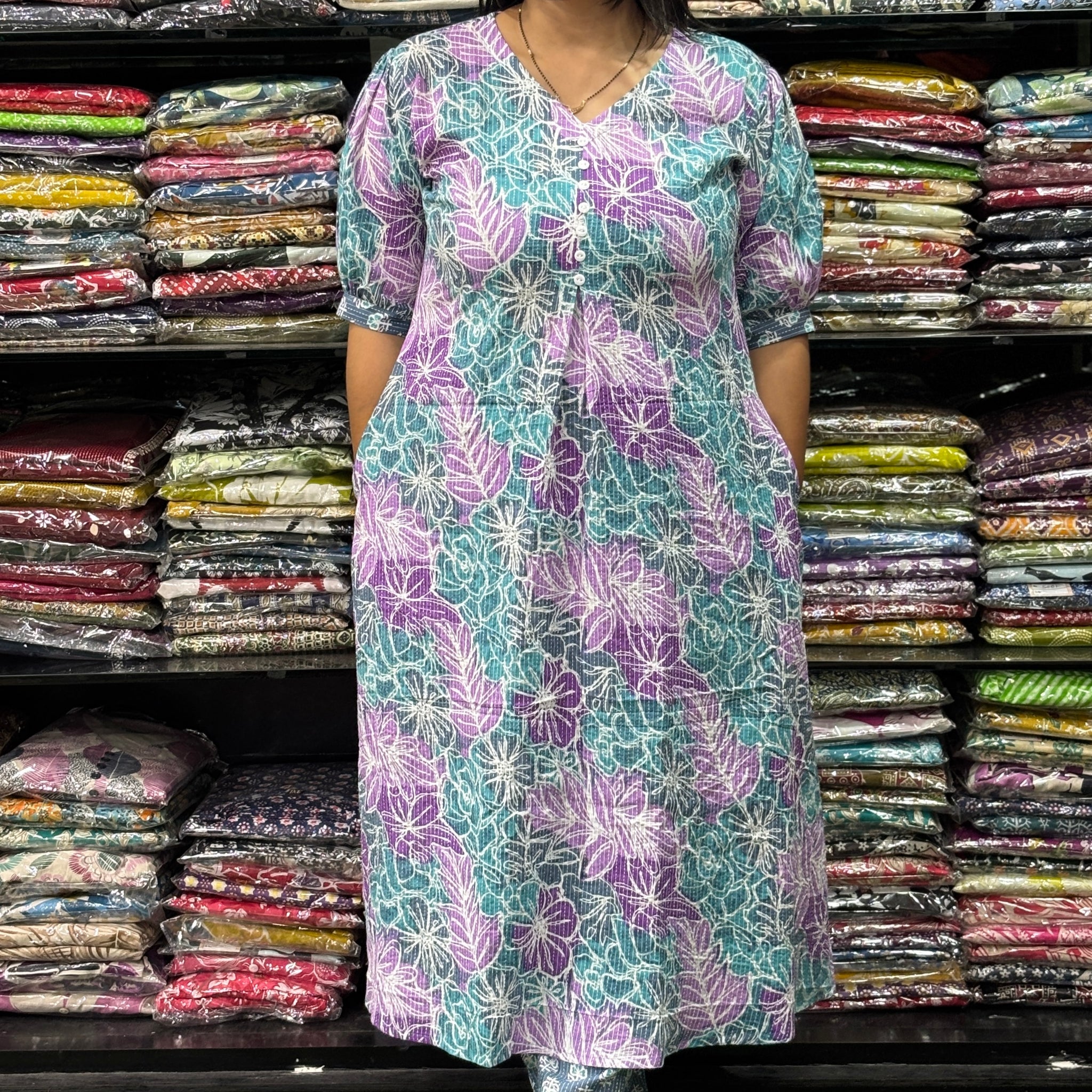 ALINE  KURTI  WITH PANT (KATHA CAMRIC COTTON)