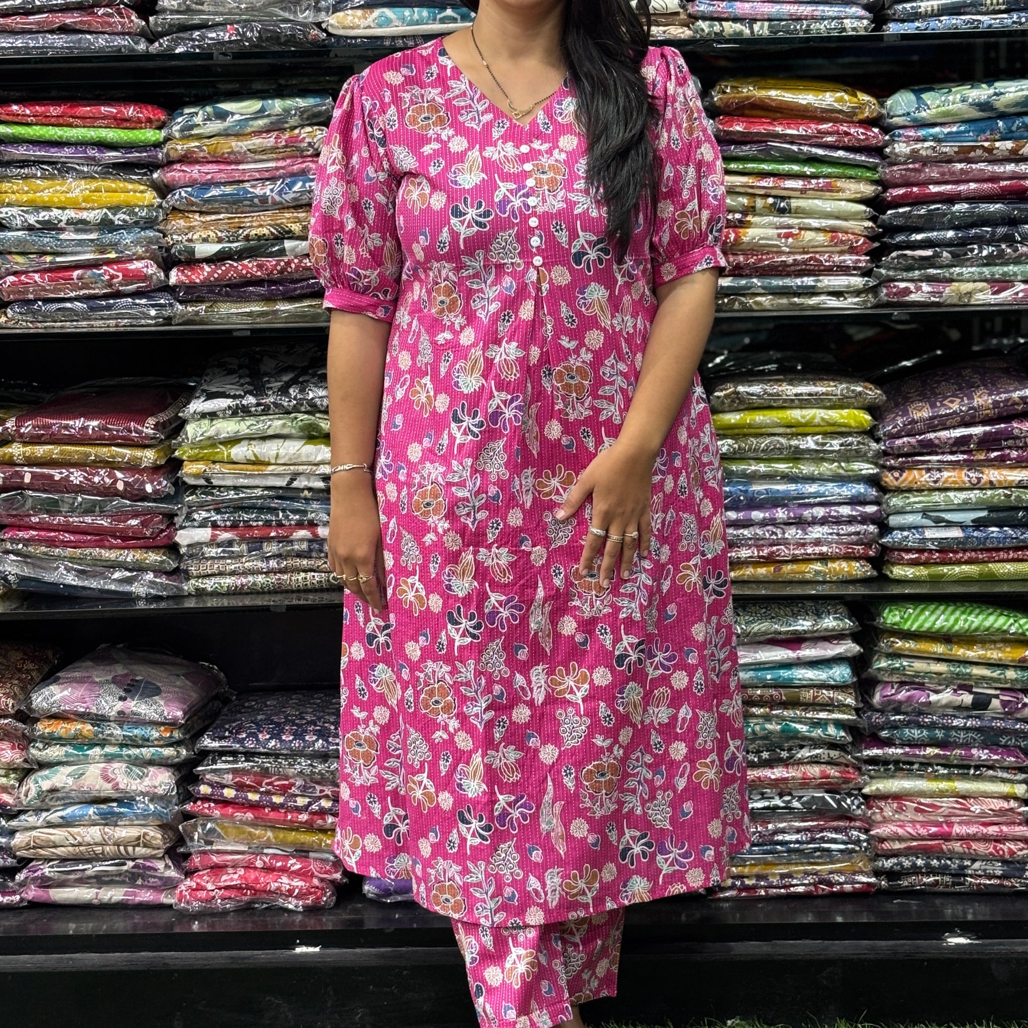 ALINE  KURTI  WITH PANT (KATHA CAMRIC COTTON)