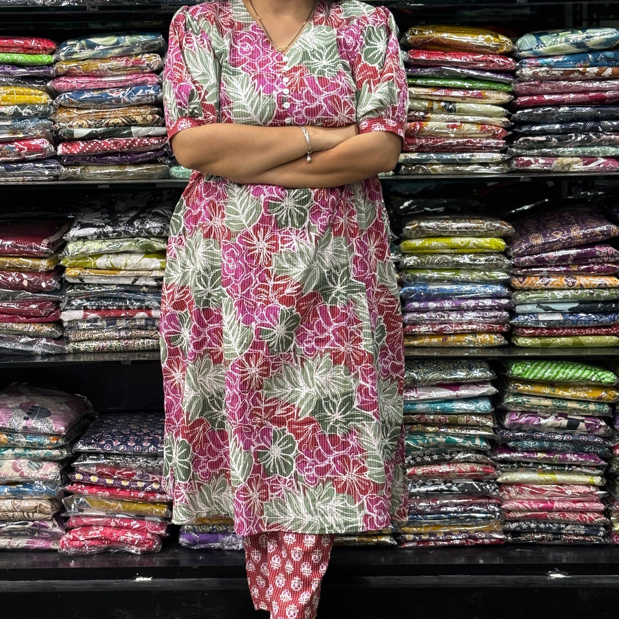 ALINE  KURTI  WITH PANT (KATHA CAMRIC COTTON)