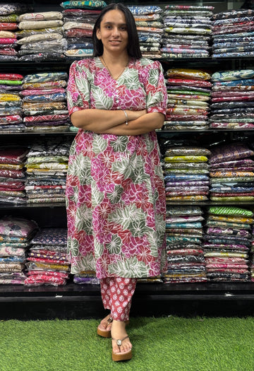 ALINE  KURTI  WITH PANT (KATHA CAMRIC COTTON)