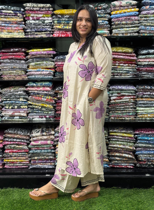 ALINE KURTI-PLAZO (PURE CAMRIC COTTON,V-NECK WORK,HALF INNER)