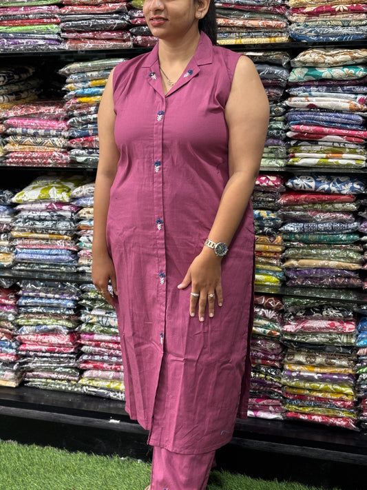 STRAIGHT KURTI WITH PLAZO (FLEX COTTON, WORK, 3/4 SLEEVE ATTACHED)