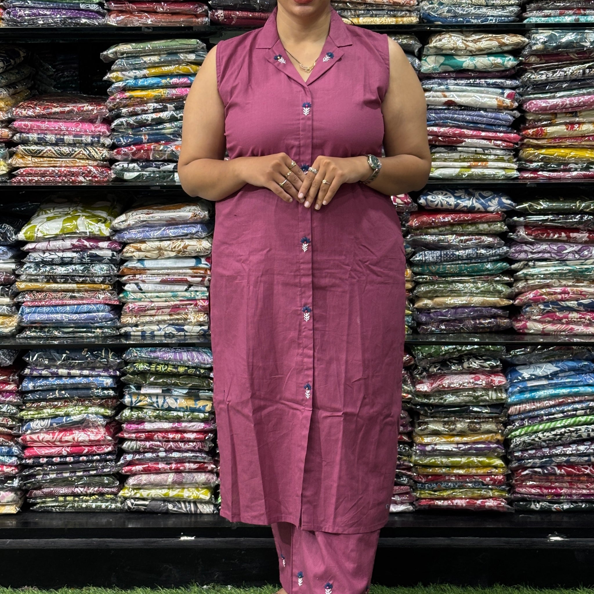 STRAIGHT KURTI WITH PLAZO (FLEX COTTON, WORK, 3/4 SLEEVE ATTACHED)