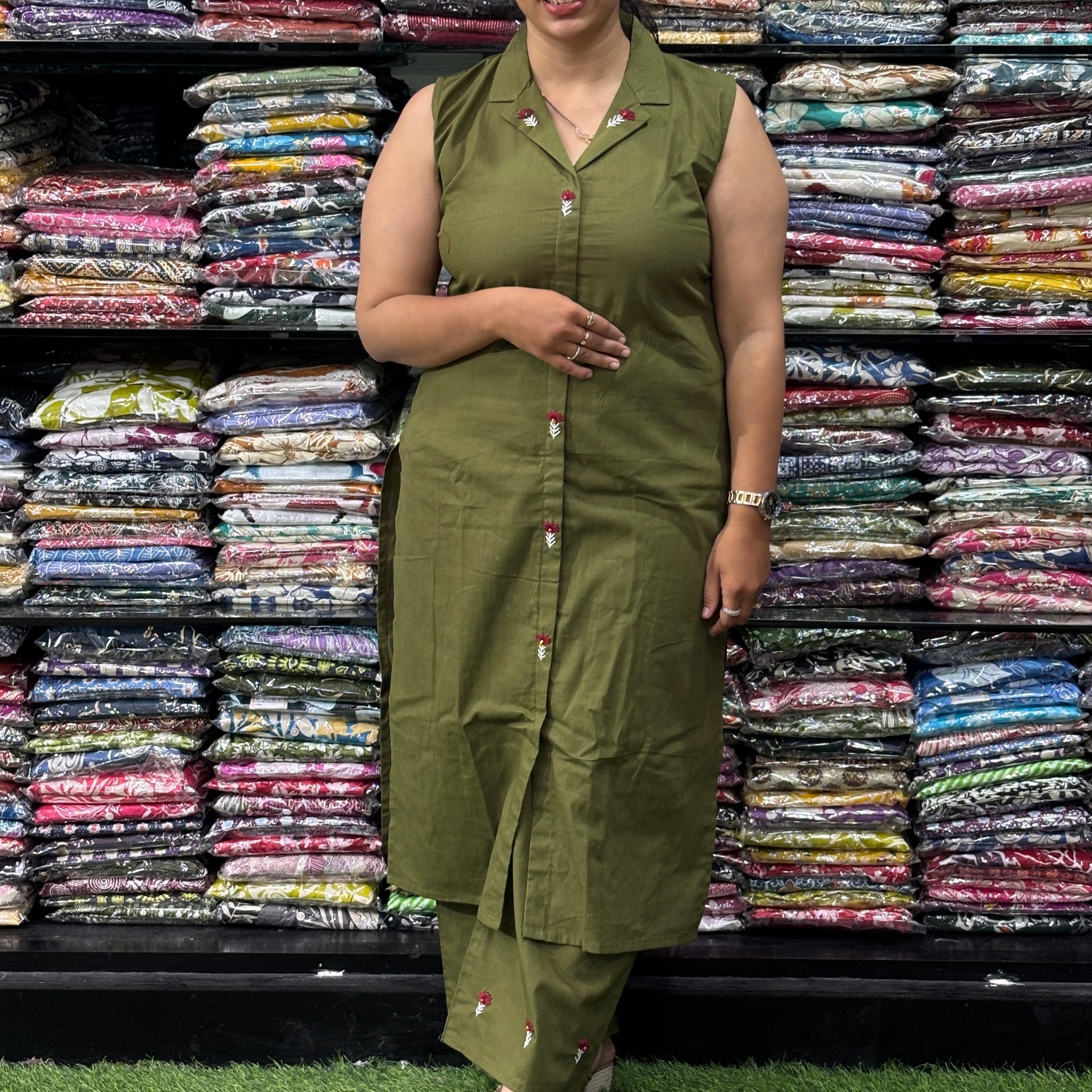 STRAIGHT KURTI WITH PLAZO (FLEX COTTON, WORK, 3/4 SLEEVE ATTACHED)