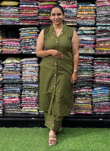 STRAIGHT KURTI WITH PLAZO (FLEX COTTON, WORK, 3/4 SLEEVE ATTACHED)